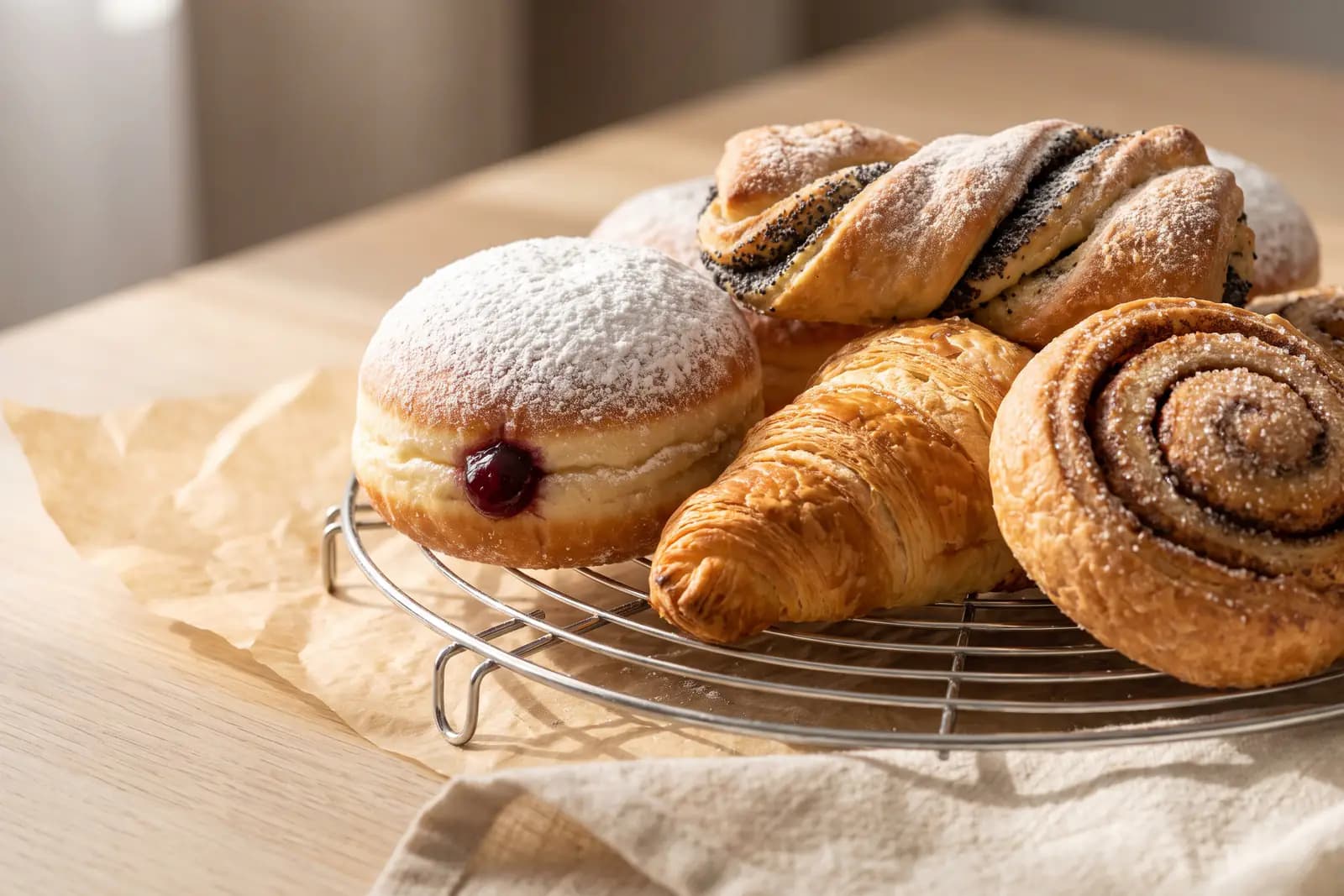 Symbolbild: frisches Gebäck — Berliner, Croissant, Mohnteilchen und Zimtschnecke auf einem Kuchengitter