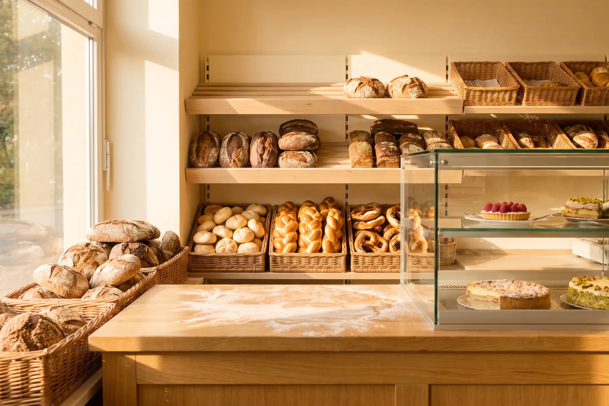 Symbolbild: Bäckereitresen mit Broten, Brötchen und Kuchen im Morgenlicht